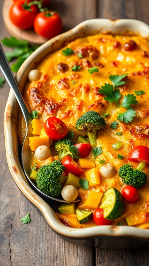 Gluten-Free Dairy-Free Vegetable Casserole A baked vegetable casserole with zucchini, bell peppers, broccoli, and cherry tomatoes, garnished with parsley, on a wooden table.